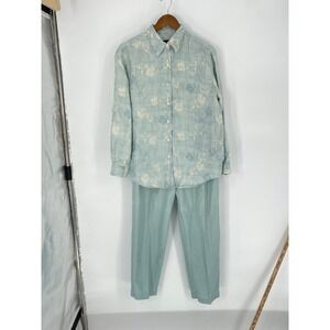 Sag Harbor Womens 2 Piece Set 14 Pantsuit Blue Floral Linen Blend Beachy